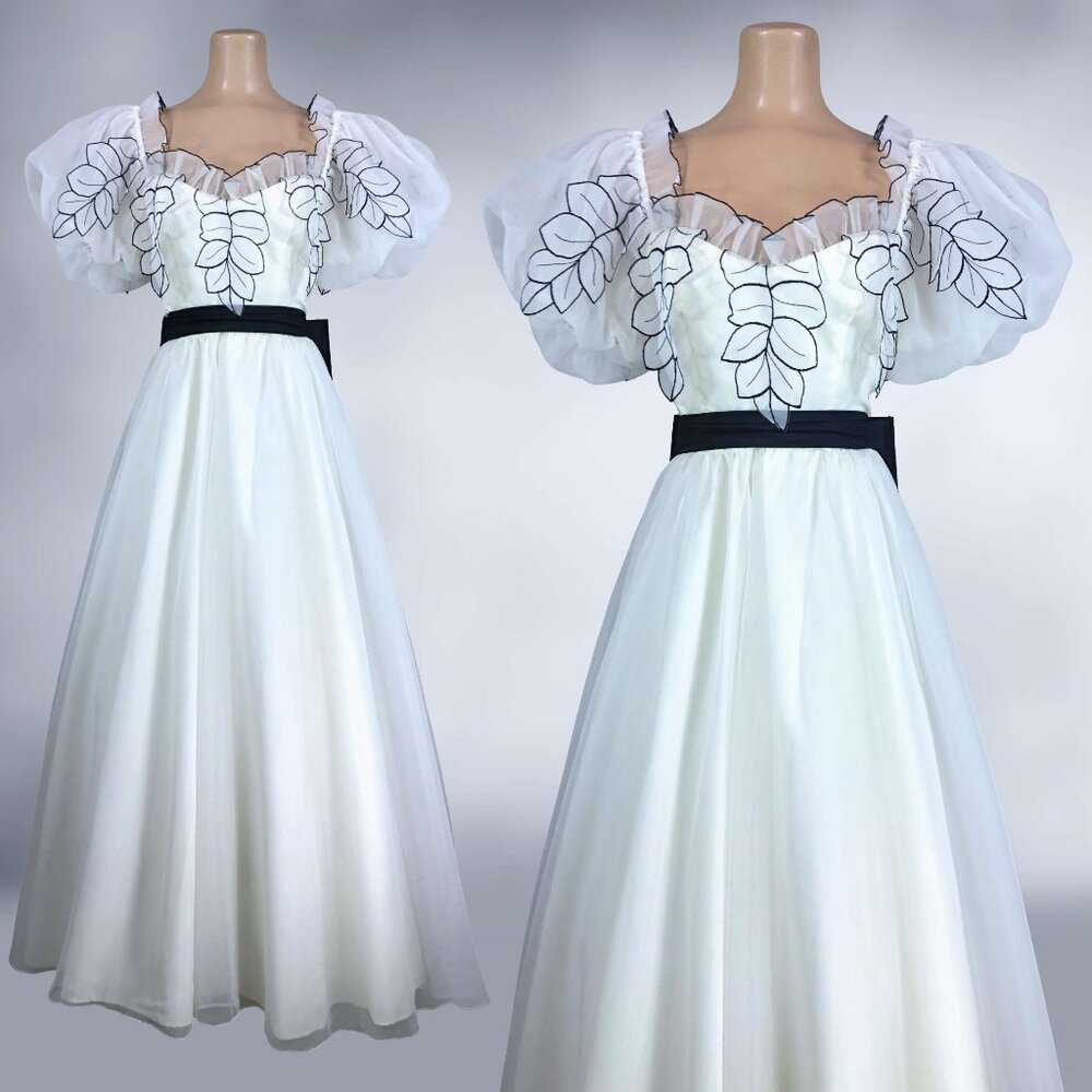 VINTAGE 70s Black and White Falling Leaves Ball Gown with Bubble Sleeves VFG